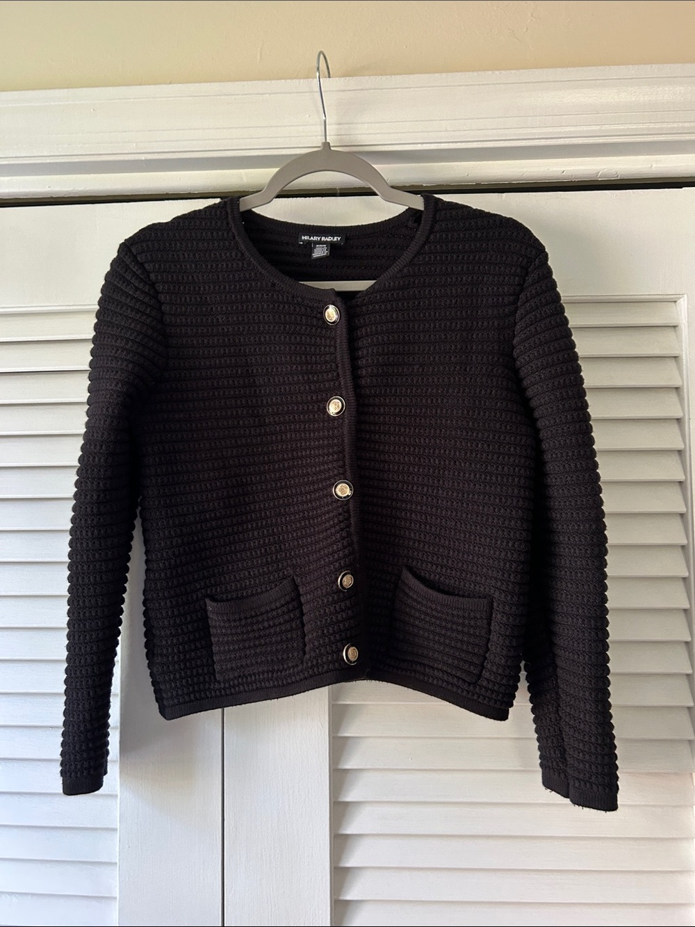 Hilary Radley Black Textured Knit Cardigan with Gold Buttons